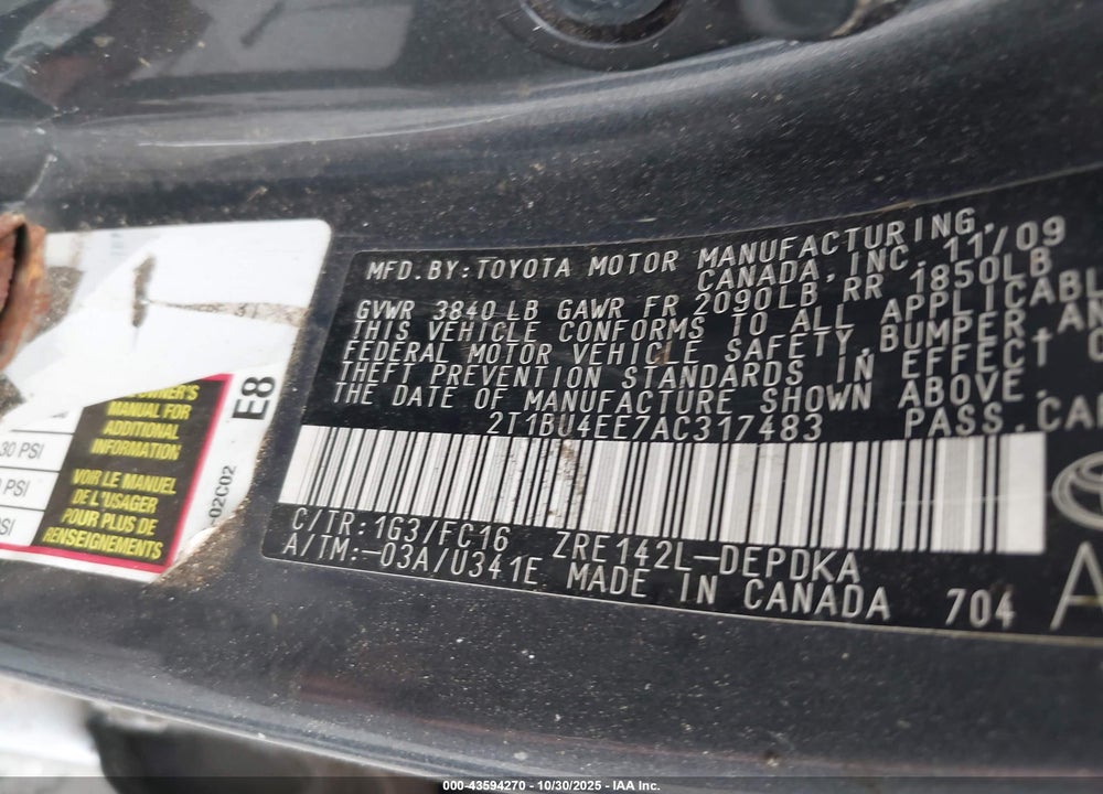 2010 TOYOTA COROLLA LE VIN: 2T1BU4EE7AC317483