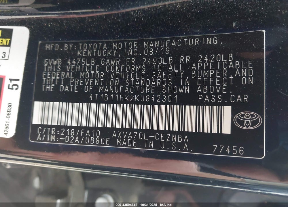 2019 TOYOTA CAMRY VIN: 4T1B11HK2KU842301
