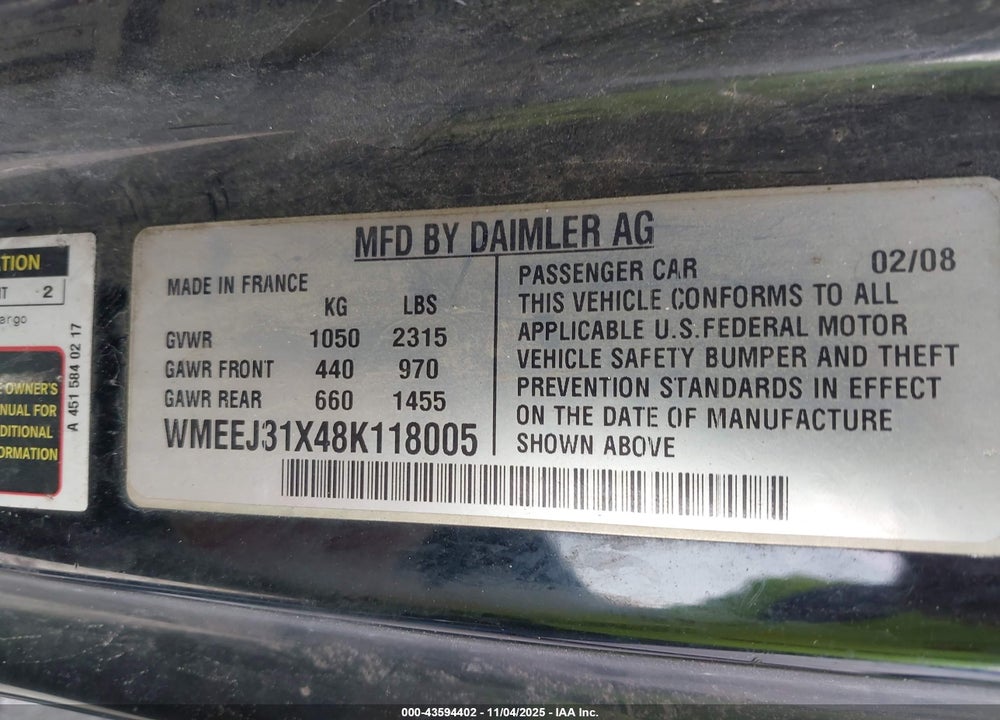 2008 SMART FORTWO PASSION/PURE VIN: WMEEJ31X48K118005