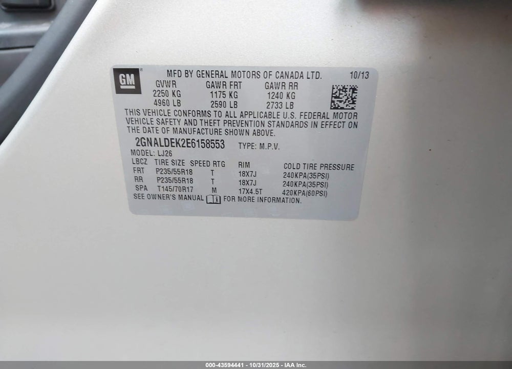 2014 CHEVROLET EQUINOX VIN: 2GNALDEK2E6158553