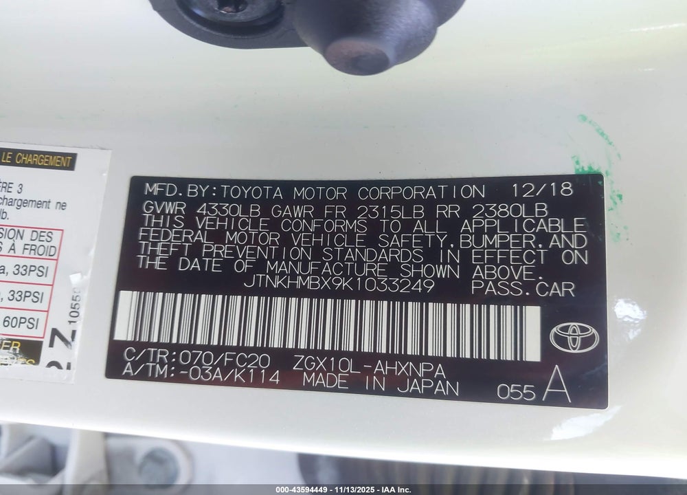 2019 TOYOTA C-HR LE VIN: JTNKHMBX9K1033249