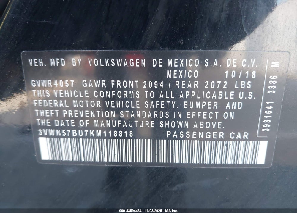 2019 VOLKSWAGEN JETTA 1.4T S VIN: 3VWN57BU7KM118818