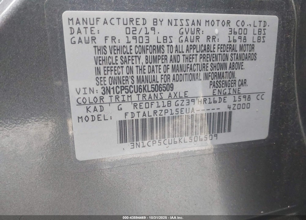 2019 NISSAN KICKS S VIN: 3N1CP5CU6KL506509