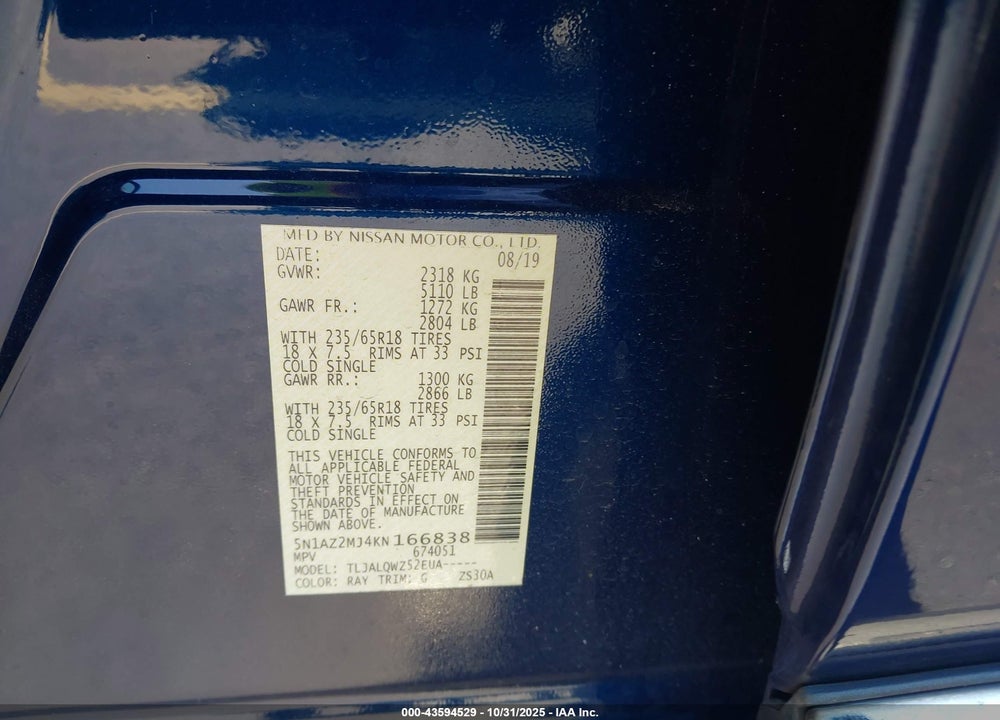 2019 NISSAN MURANO SV VIN: 5N1AZ2MJ4KN166838