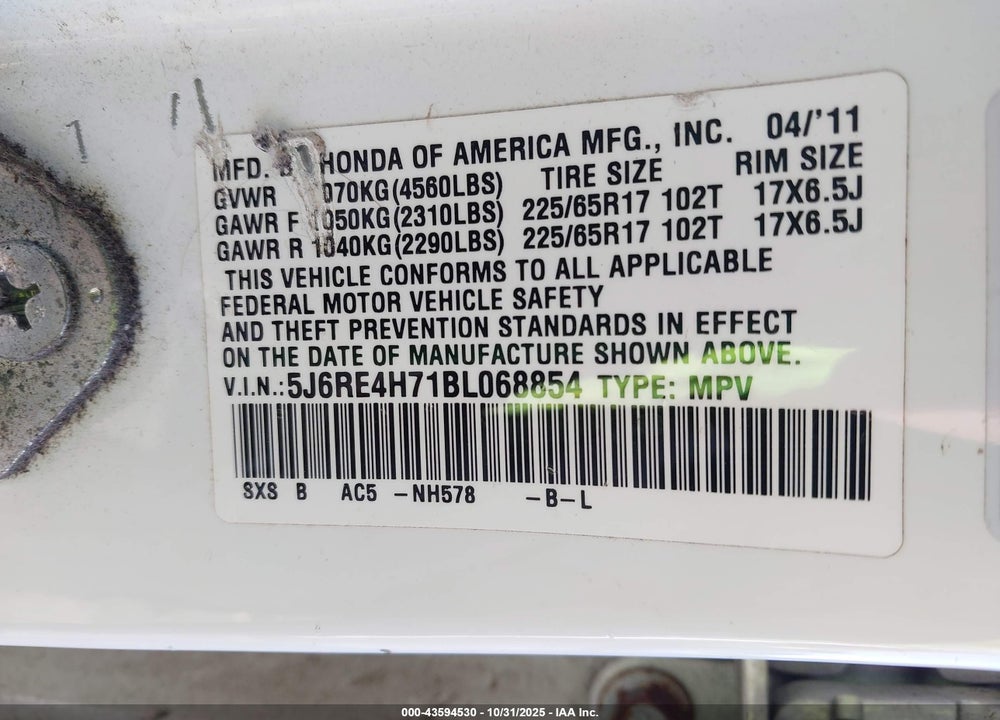 2011 HONDA CR-V EXL VIN: 5J6RE4H71BL068854