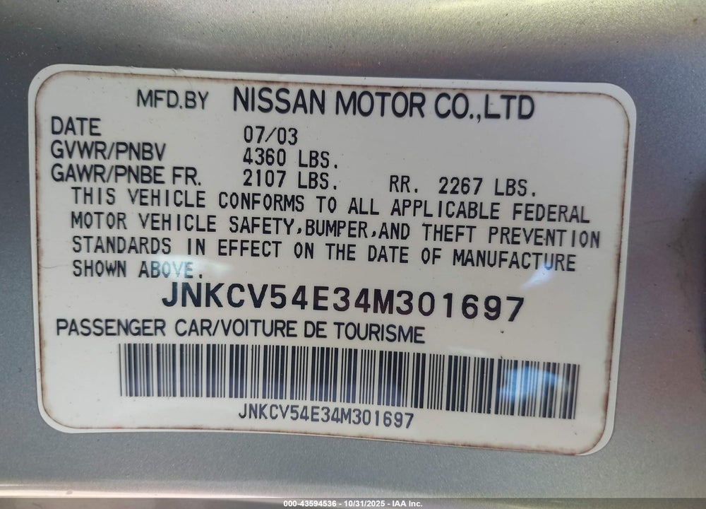2004 INFINITI G35 VIN: JNKCV54E34M301697