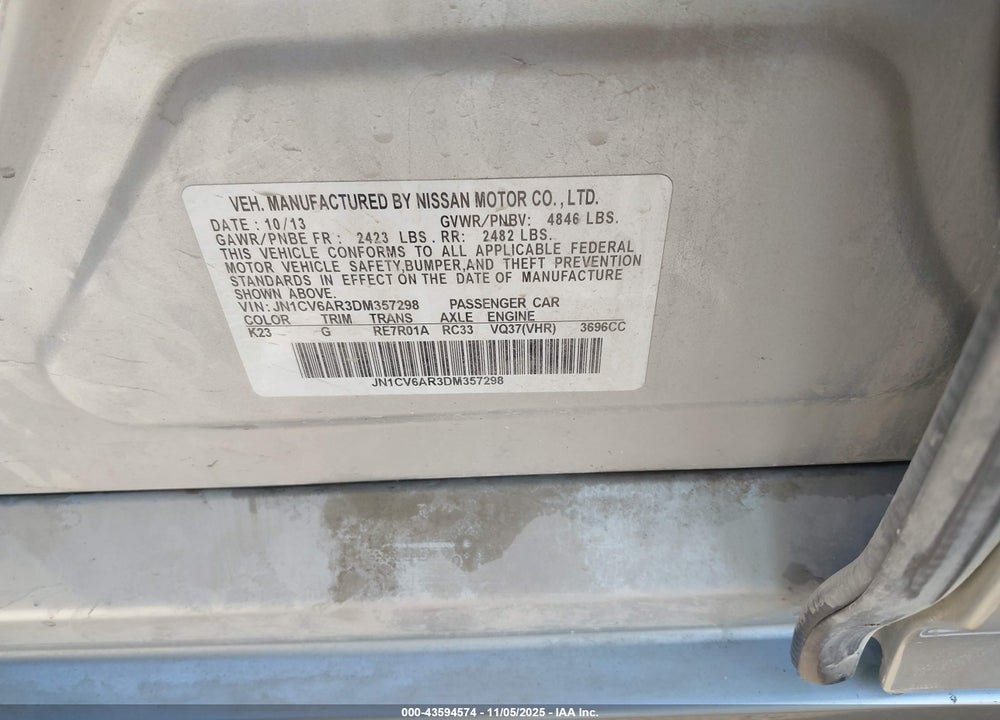 2013 INFINITI G37X VIN: JN1CV6AR3DM357298