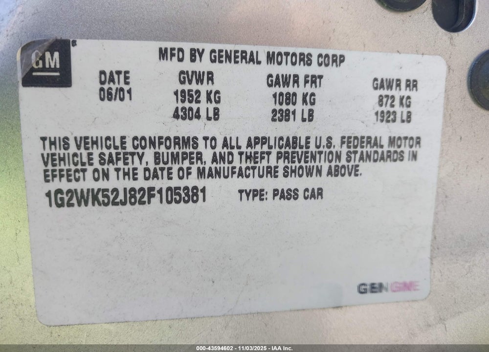 2002 PONTIAC GRAND PRIX SE VIN: 1G2WK52J82F105381