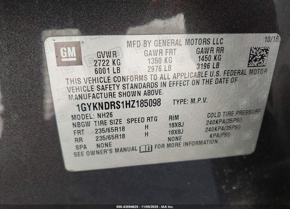 2017 CADILLAC XT5 LUXURY VIN: 1GYKNDRS1HZ185098
