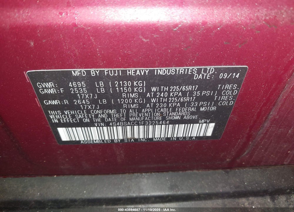 2015 SUBARU OUTBACK 2.5I PREMIUM VIN: 4S4BSACC1F3225464