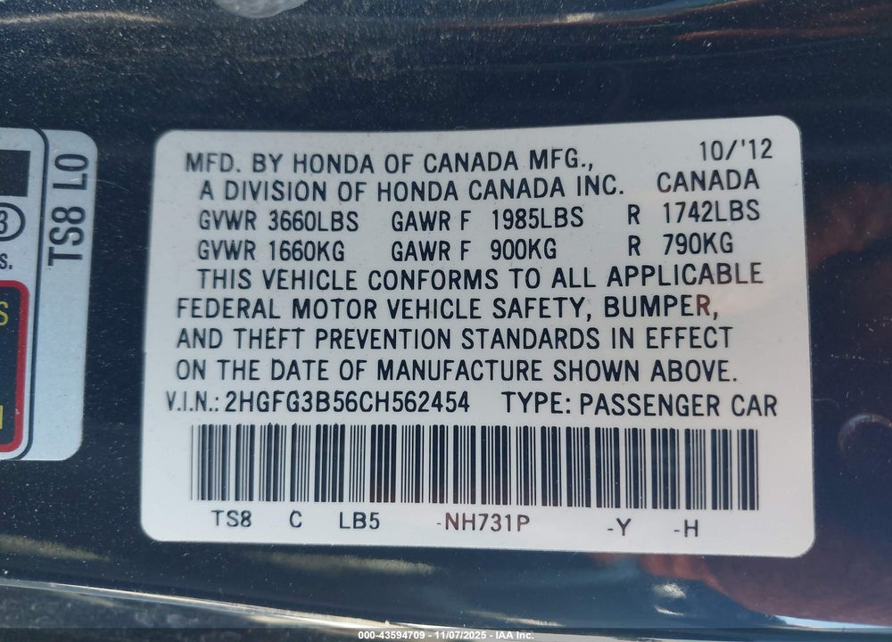 2012 HONDA CIVIC VIN: 2HGFG3B56CH562454
