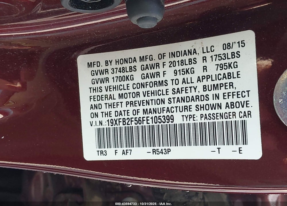 2015 HONDA CIVIC LX VIN: 19XFB2F56FE105399