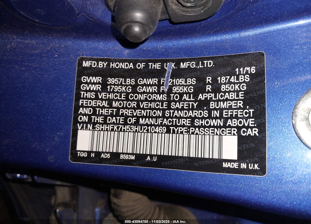2017 HONDA CIVIC EX VIN: SHHFK7H53HU210469