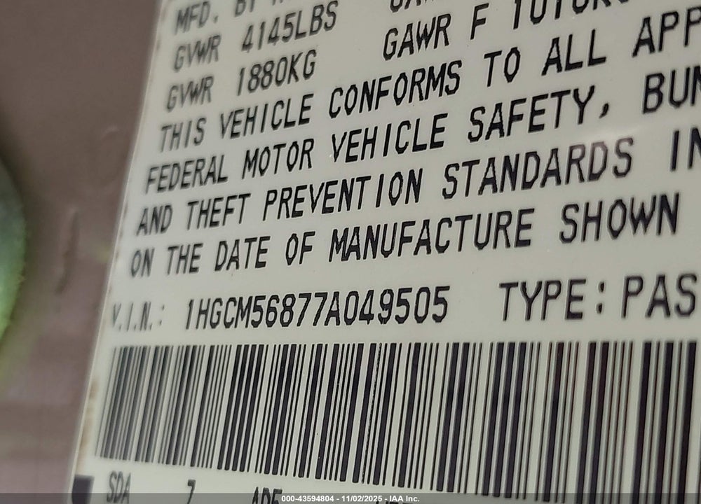 2007 HONDA ACCORD 2.4 EX VIN: 1HGCM56877A049505