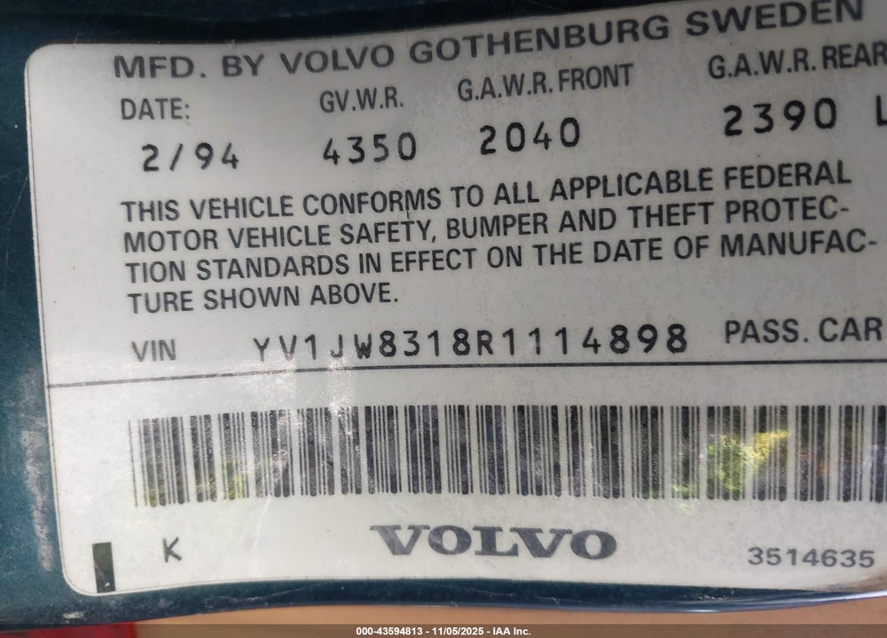 1994 VOLVO 940 VIN: YV1JW8318R1114898