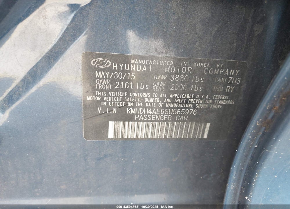 2016 HYUNDAI ELANTRA VIN: KMHDH4AE6GU565976
