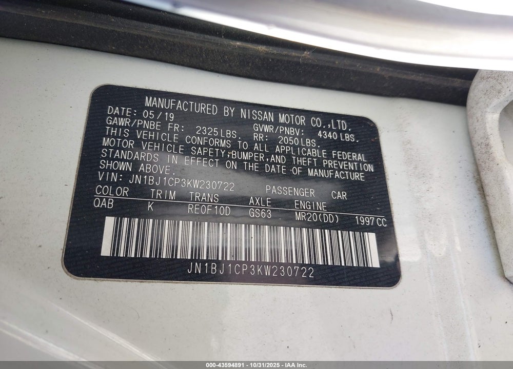 2019 NISSAN ROGUE SPORT VIN: JN1BJ1CP3KW230722