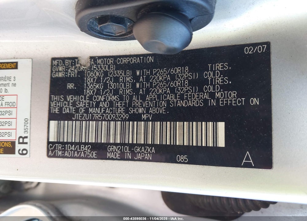 2007 TOYOTA 4RUNNER VIN: JTEZU17R570093299