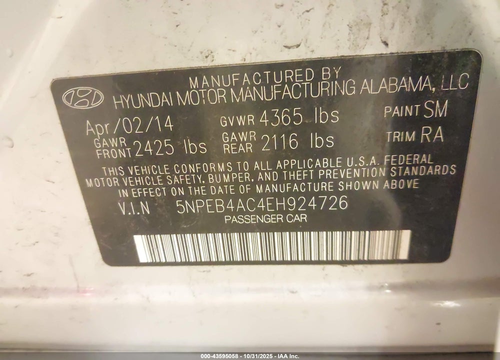 2014 HYUNDAI SONATA GLS VIN: 5NPEB4AC4EH924726