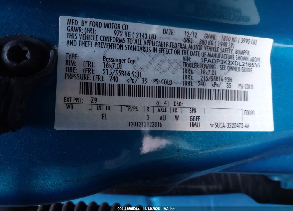 2013 FORD FOCUS SE VIN: 1FADP3K2XDL218535