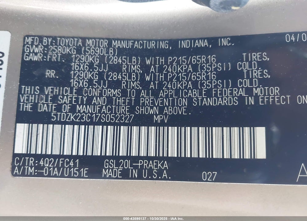 2007 TOYOTA SIENNA LE VIN: 5TDZK23C17S052327