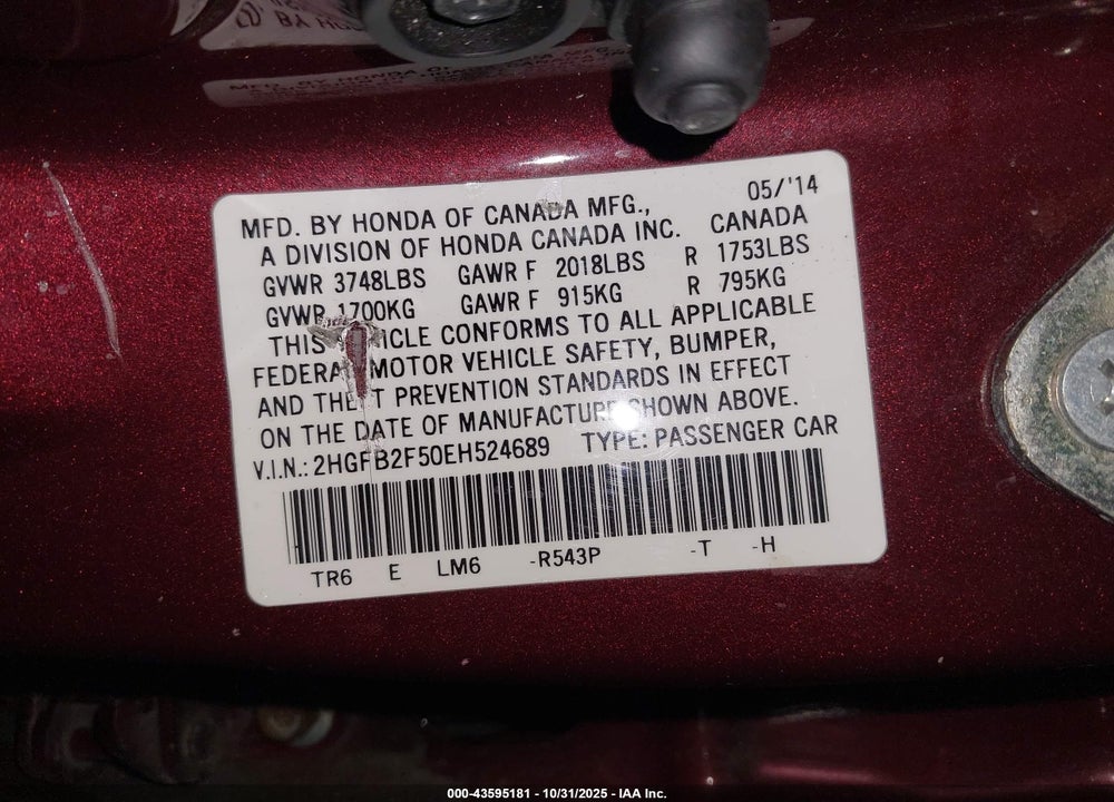 2014 HONDA CIVIC LX VIN: 2HGFB2F50EH524689