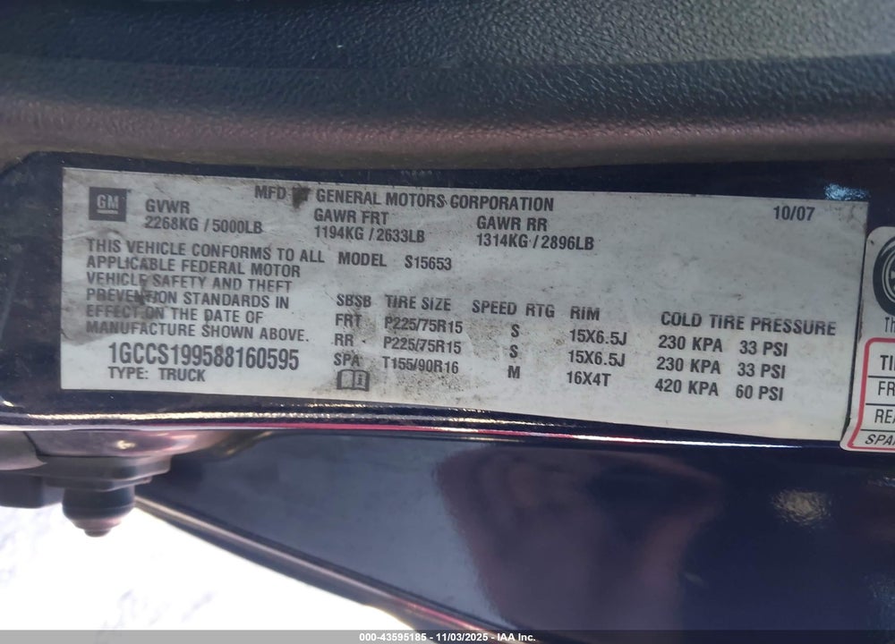 2008 CHEVROLET COLORADO LT VIN: 1GCCS199588160595