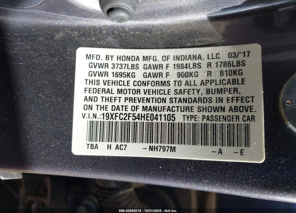 2017 HONDA CIVIC LX VIN: 19XFC2F54HE041105