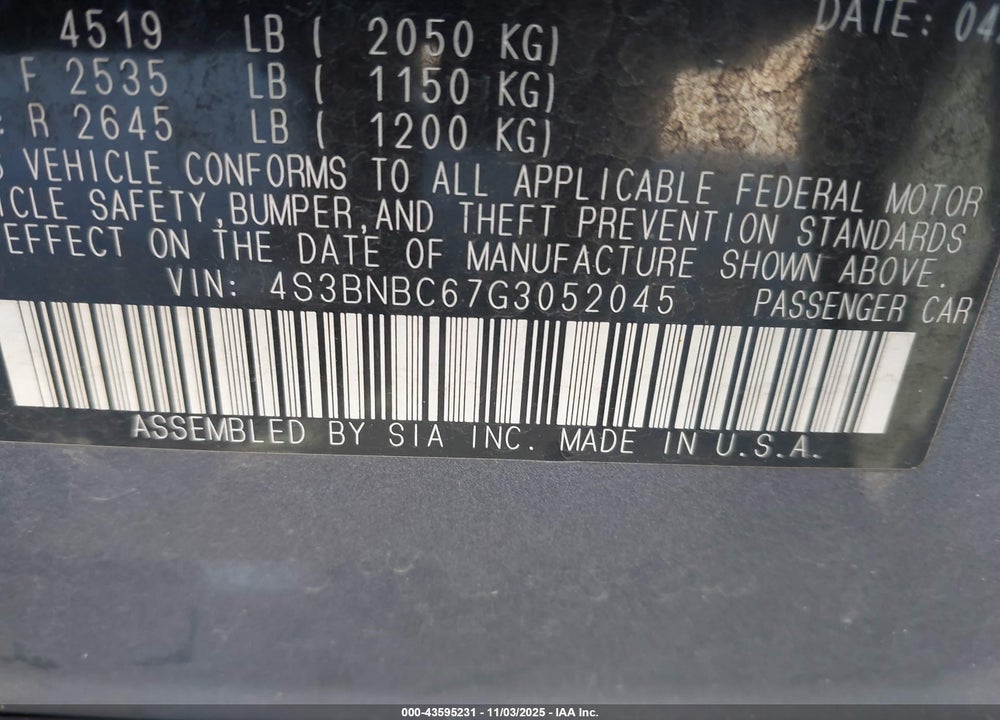 2016 SUBARU LEGACY 2.5I PREMIUM VIN: 4S3BNBC67G3052045