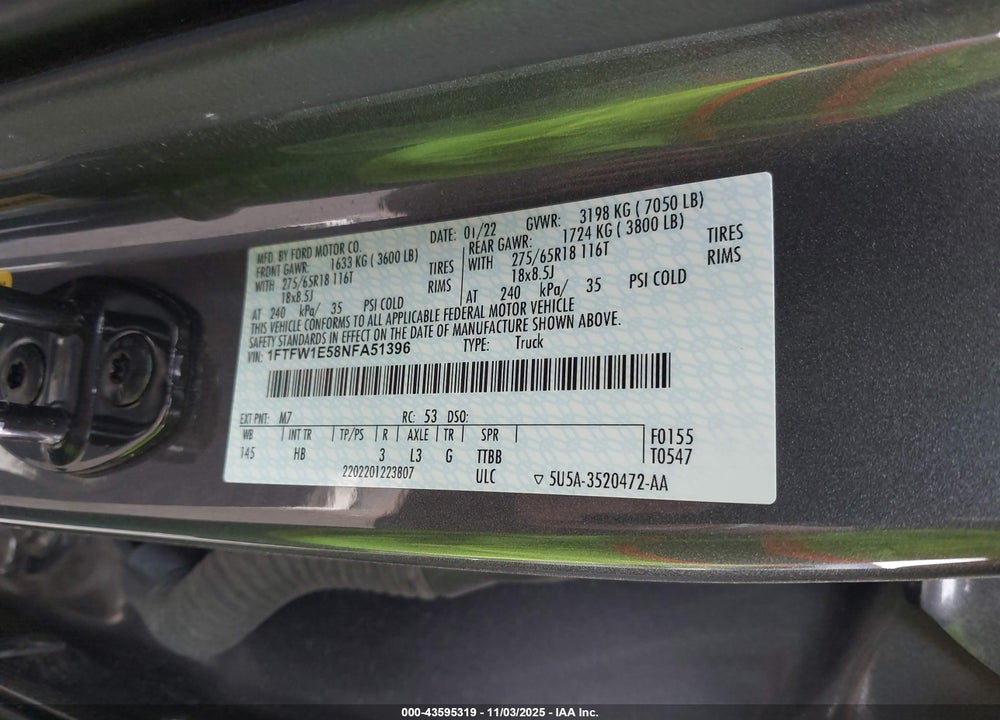 2022 FORD F-150 VIN: 1FTFW1E58NFA51396