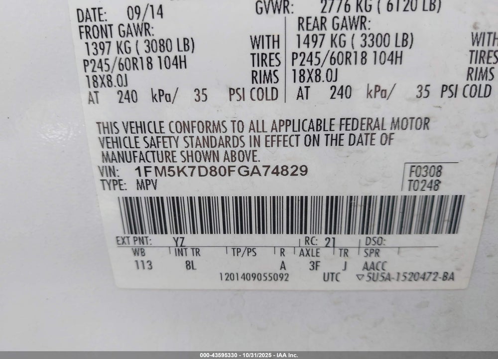 2015 FORD EXPLORER VIN: 1FM5K7D80FGA74829