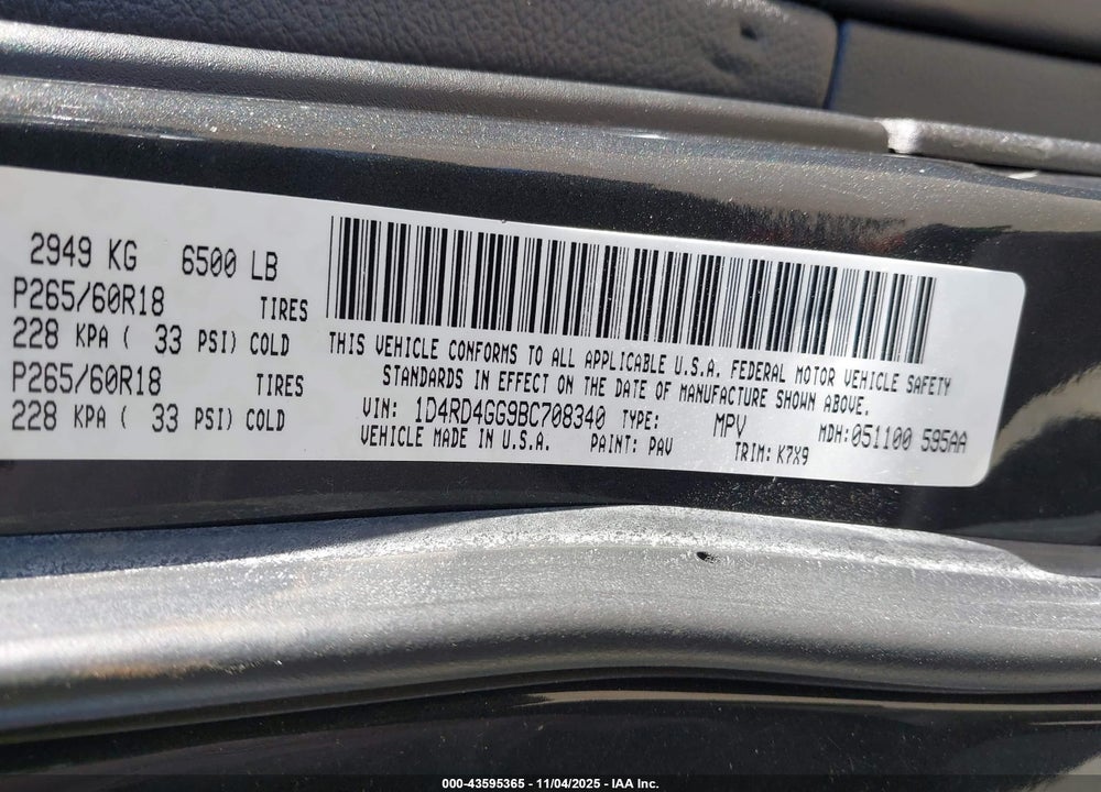 2011 DODGE DURANGO CREW VIN: 1D4RD4GG9BC708340