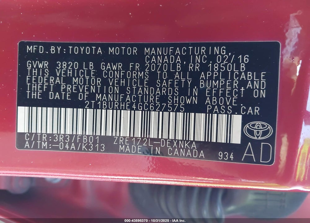 2016 TOYOTA COROLLA LE VIN: 2T1BURHE4GC627575