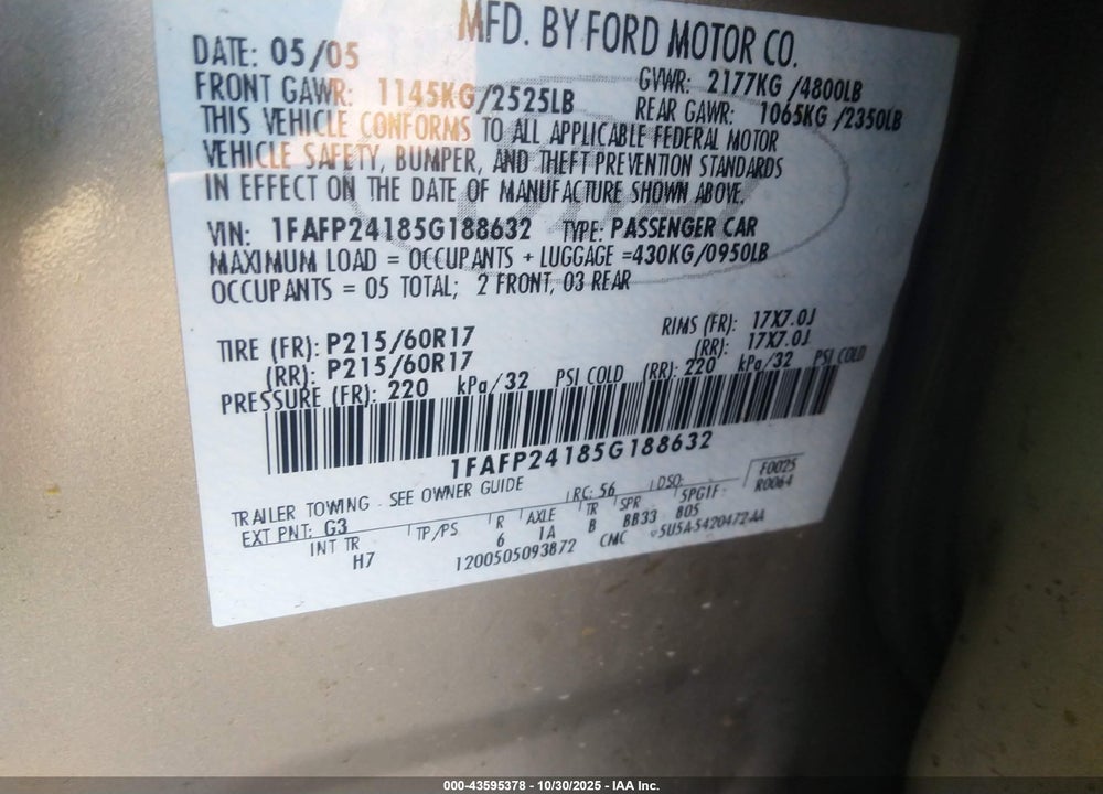 2005 FORD FIVE HUNDRED SEL VIN: 1FAFP24185G188632