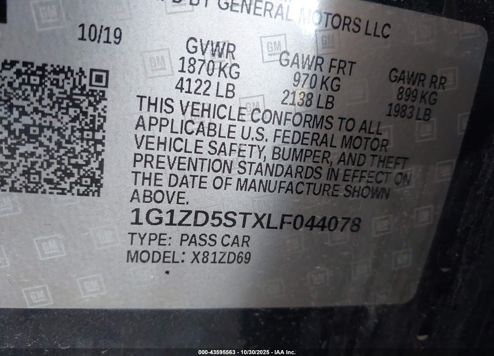 2020 CHEVROLET MALIBU LIMITED VIN: 1G1ZD5STXLF044078