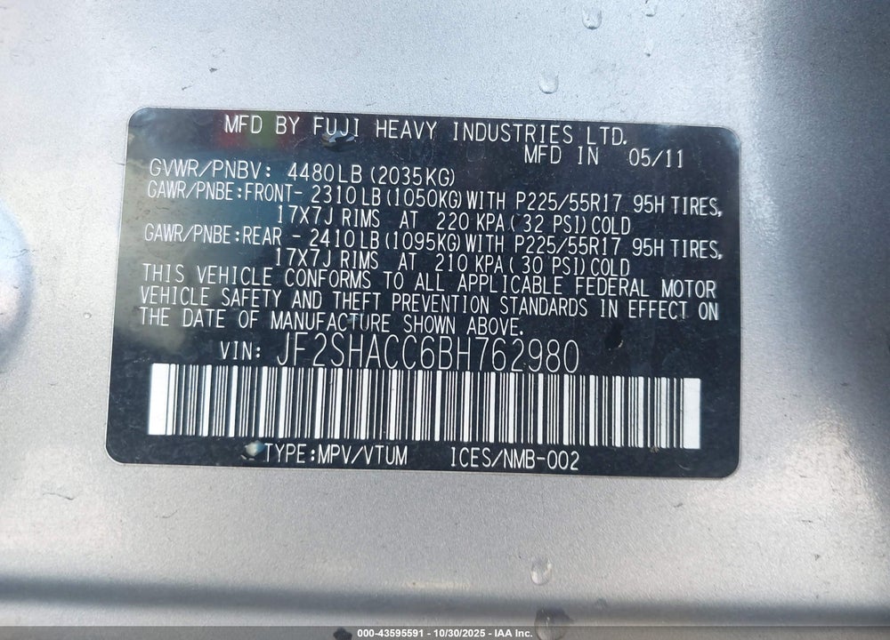 2011 SUBARU FORESTER 2.5X PREMIUM VIN: JF2SHACC6BH762980