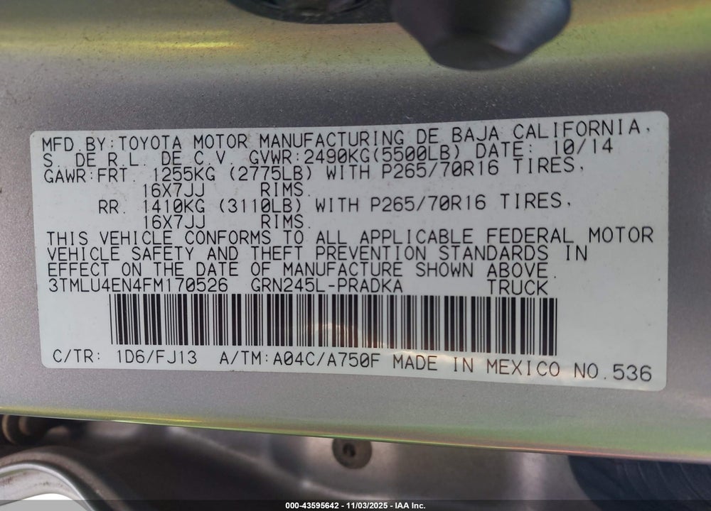 2015 TOYOTA TACOMA BASE V6 VIN: 3TMLU4EN4FM170526