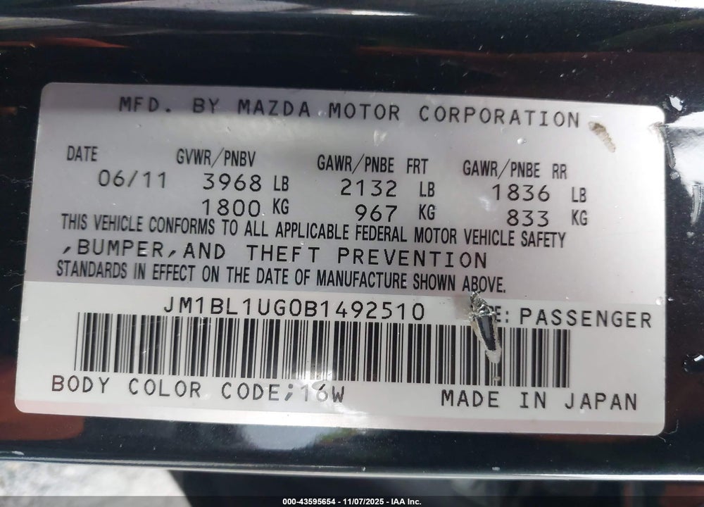 2011 MAZDA 3 I SPORT VIN: JM1BL1UG0B1492510