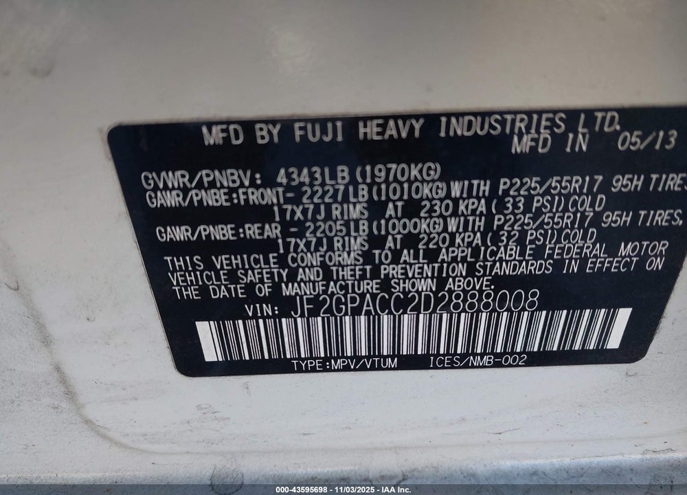 2013 SUBARU XV CROSSTREK VIN: JF2GPACC2D2888008