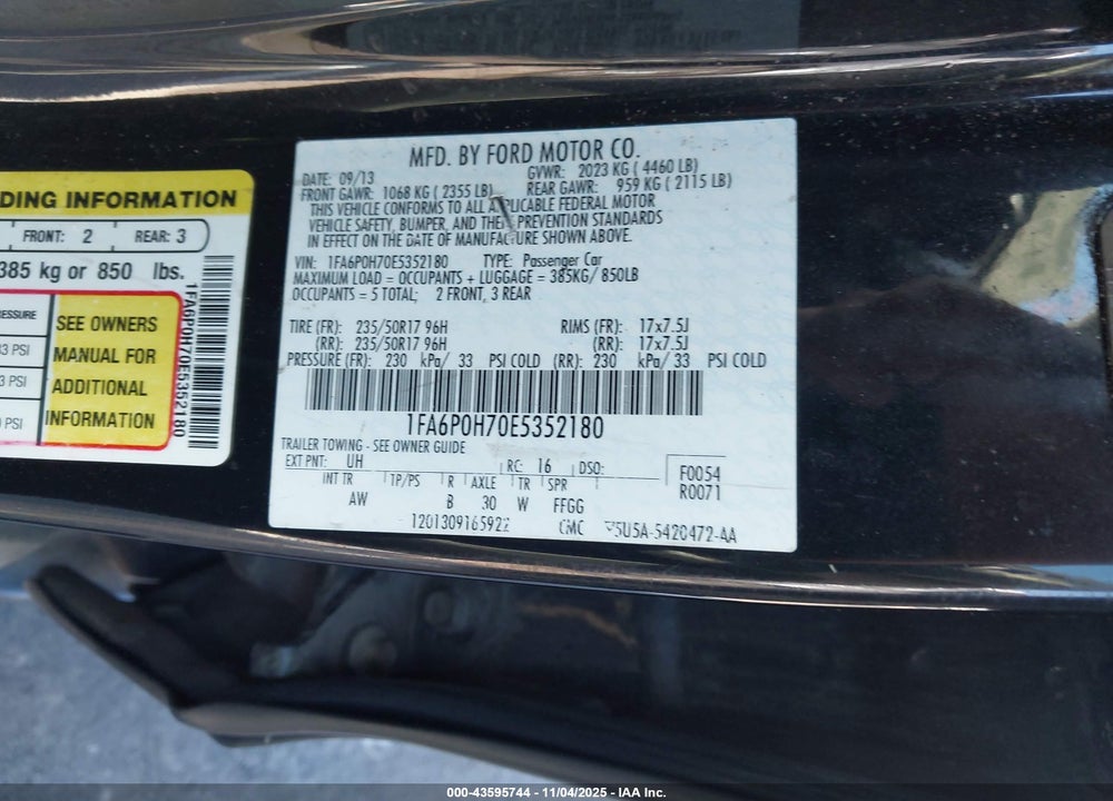 2014 FORD FUSION SE VIN: 1FA6P0H70E5352180