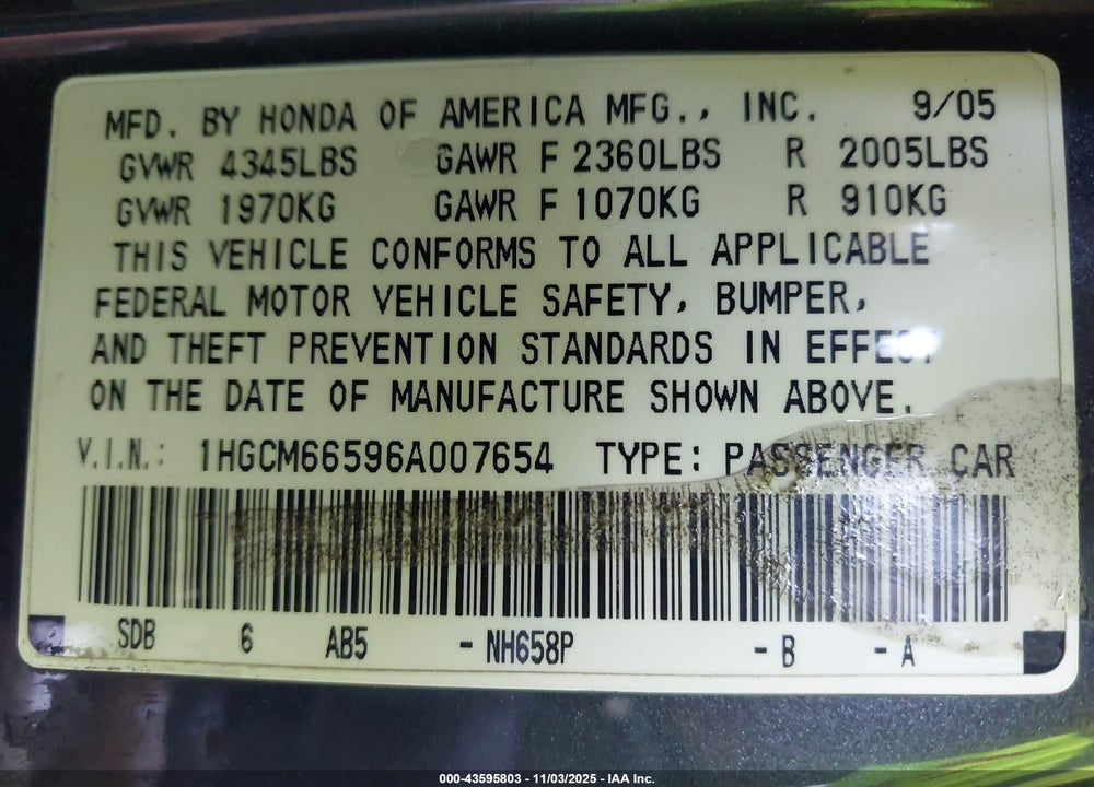 2006 HONDA ACCORD 3.0 EX VIN: 1HGCM66596A007654
