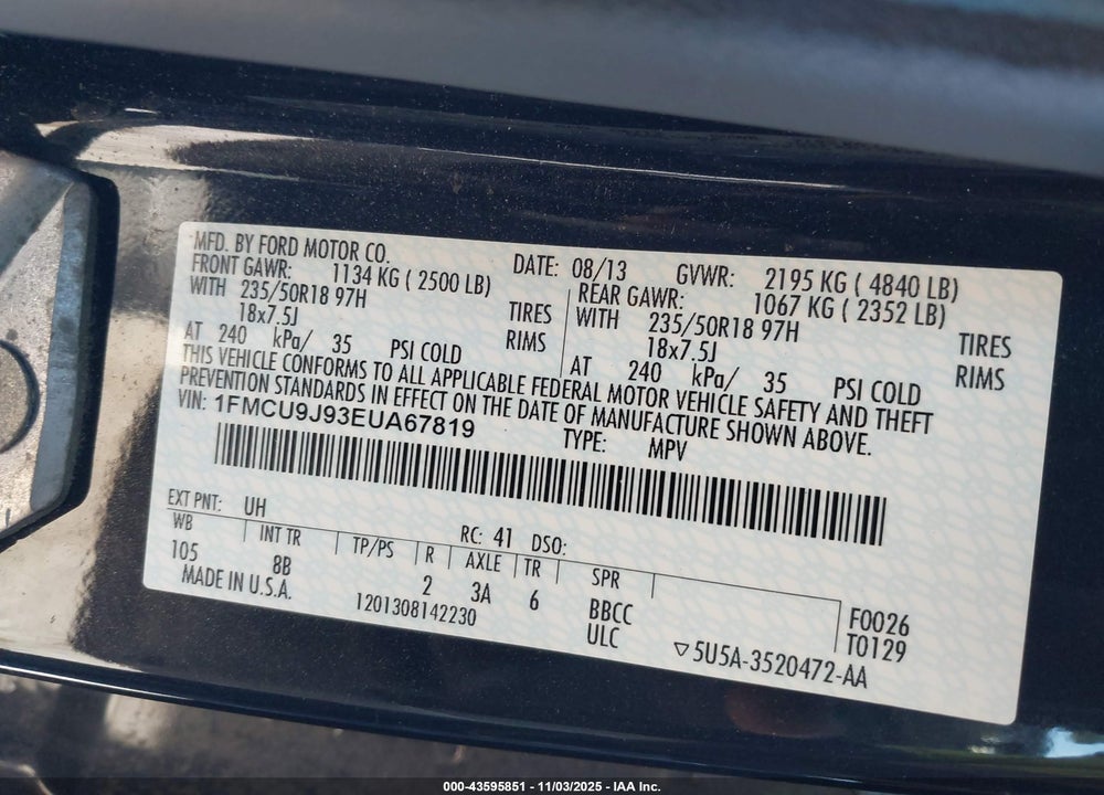 2014 FORD ESCAPE TITANIUM VIN: 1FMCU9J93EUA67819