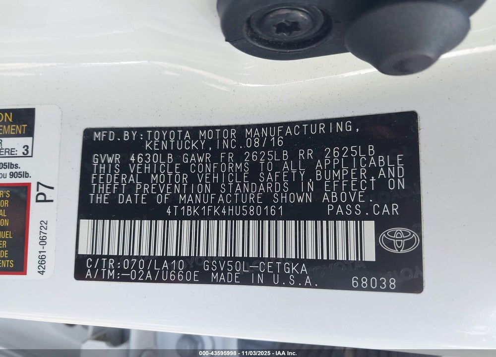 2017 TOYOTA CAMRY XLE V6 VIN: 4T1BK1FK4HU580161