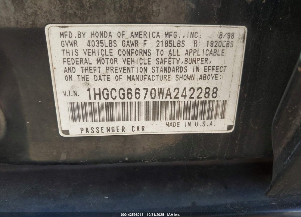 1998 HONDA ACCORD EX VIN: 1HGCG6670WA242288