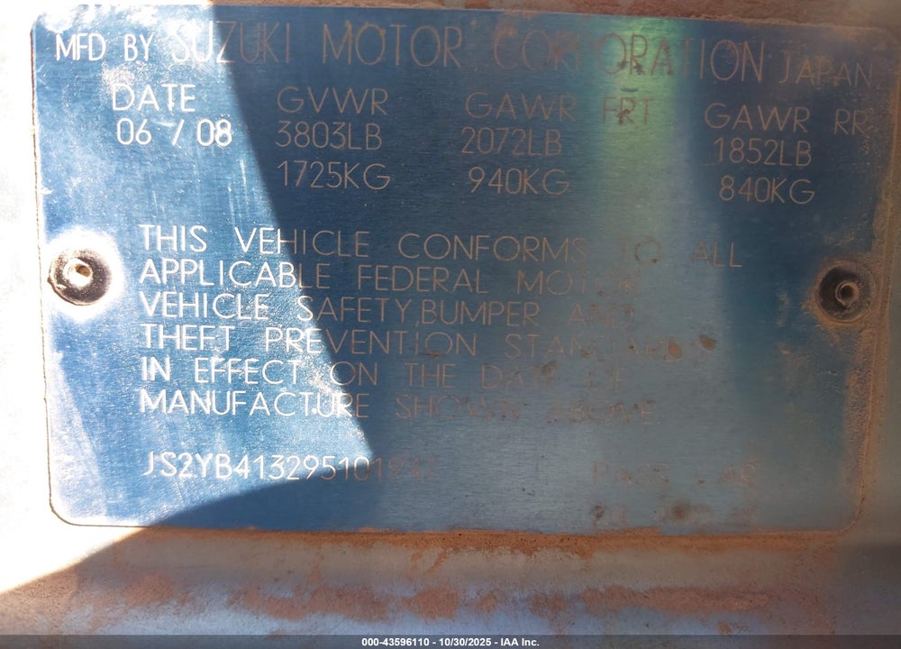 2009 SUZUKI SX4 TECHNOLOGY VIN: JS2YB413295101947