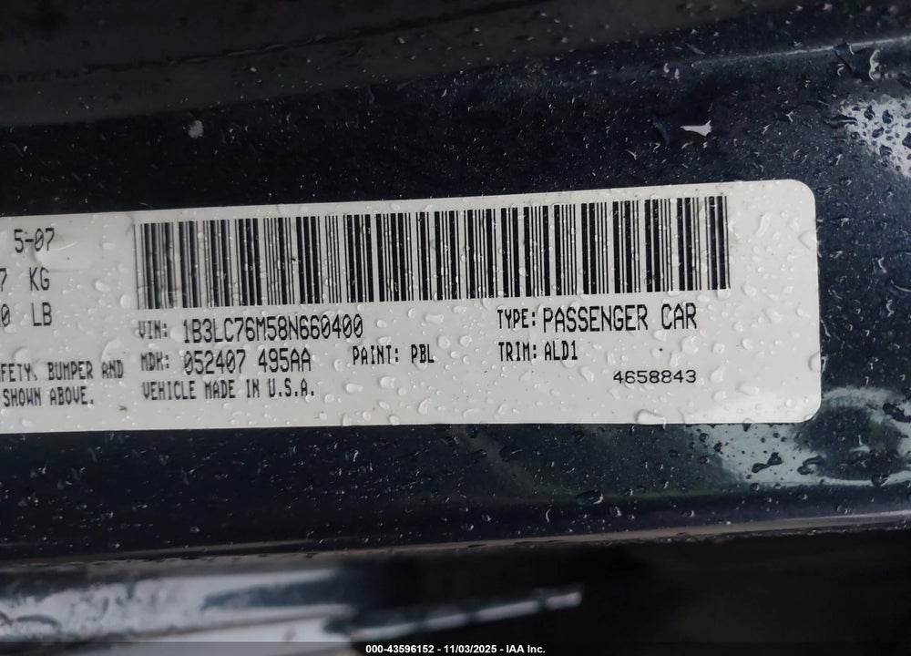 2008 DODGE AVENGER R/T VIN: 1B3LC76M58N660400