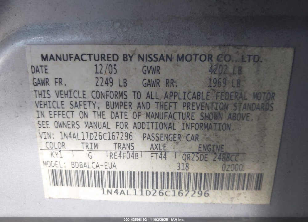2006 NISSAN ALTIMA VIN: 1N4AL11D26C167296