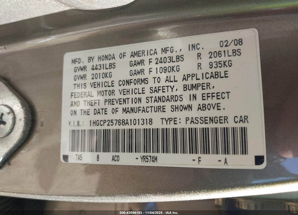 2008 HONDA ACCORD VIN: 1HGCP25768A101318