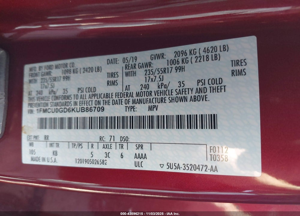 2019 FORD ESCAPE SE VIN: 1FMCU0GD6KUB86709