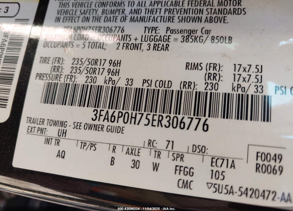 2014 FORD FUSION SE VIN: 3FA6P0H75ER306776